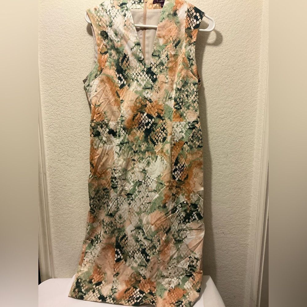 Rachel Roy Collection Watercolor Snakeskin Print Sheath Dress Sz 8 Ivory Green